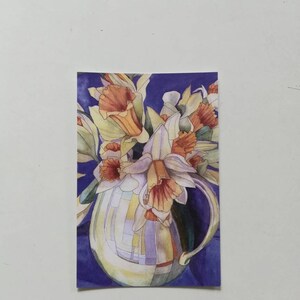 Postal de pintura de acuarela de narcisos, postal de narcisos, postal de jarrón de narcisos, pintura de narcisos, postal de narcisos, pintura de narcisos.