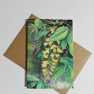 Biglietto d'auguri con maggiociondolo, dipinto di maggiociondolo, arte di maggiociondolo, biglietto d'auguri con maggiociondolo acquerello, biglietto d'auguri vuoto con maggiociondolo, maggiociondolo, maggiociondoli.