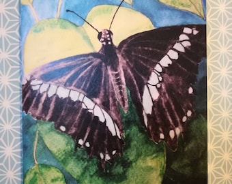 Green and black butterfly greeting card,green butterfly blank watercolour art card,black butterfly artwork,green butterfly watercolour card.