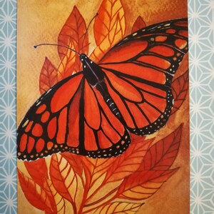 Postal de pintura de acuarela de mariposa monarca, postal de arte de mariposa monarca, imagen de mariposa monarca, obra de arte de mariposas monarca, mariposa