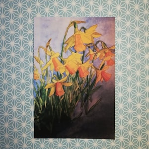Postal de pintura de acuarela de narcisos, pintura de acuarela de narcisos, tarjeta de arte de acuarela de narcisos, postal de narcisos, obras de arte de narcisos.