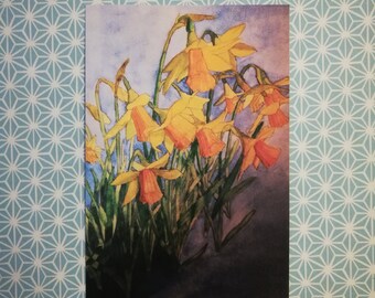 Daffodils watercolour painting postcard,daffodils watercolour painting,daffodils watercolour art card,daffodils postcard,daffodils artwork.