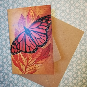 Cartão de felicitações de borboleta monarca, cartão de arte em aquarela de borboleta monarca em branco, cartão de arte de borboleta laranja, pintura em aquarela de borboleta.