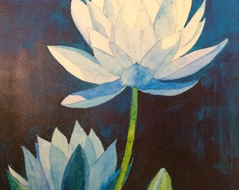 Blue lotus Waterlily flower painting,Blue waterlily watercolour painting,blue lotus watercolor painting,blue waterlily wall art,blue lotus.