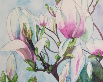 Magnolias watercolour painting,magnolias wall art,magnolias, magnolia artwork, magnolias painting, magnolia painting,magnolias watercolor