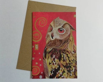 Owl card, animal card, blank owl card, owl image card, owl art card, gift for him, gift for her, owl artwork,owl painting card, red owl card