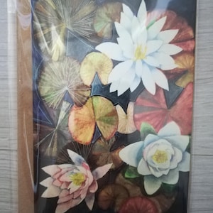 Karta z liliami wodnymi, pusta karta z liliami wodnymi, pusta karta z pozdrowieniami z liliami wodnymi, pusta karta z kwiatami, akwarela z liliami wodnymi, akwarela z liliami wodnymi, liliami wodnymi.