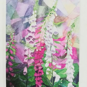 Foxgloves pintura postal, pintura de acuarela de foxgloves, tarjeta de arte de foxgloves, postal de pintura digital, postal de acuarela digital.