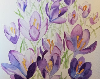 Crocuses painting, purple crocuses,purple watercolour crocuses,watercolor crocuses,crocus wall art,crocus wall decor,crocus art,crocuses.