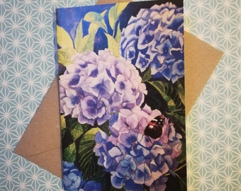 Hydrangea watercolour painting card,blank hydrangea card,hydrangea card,hydrangea painting card,hydrangea gift card, Blue hydrangea card.