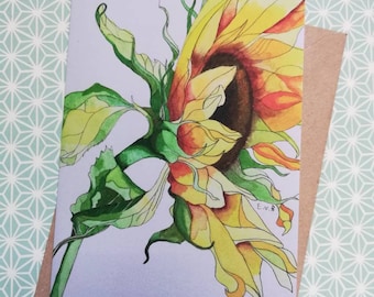 Sunflower blank greetings card,sunflower watercolor art card,sunflower watercolor painting,sunflowers art card,sunflowers card, sunflower