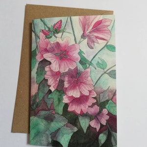 Blanco stokrozenwenskaart, stokrozenwaterverfschilderij, roze stokrozenwaterverf, stokrozenwenskaart, uniek bloemkunstwerk.
