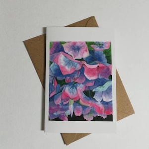 Hortensie Aquarellmalereikarte, freie Hortensiekarte, Hortensiemalereikarte, Hortensiemalereikarte, Hortensiegeschenkkarte, Blaue Hortensiekarte.
