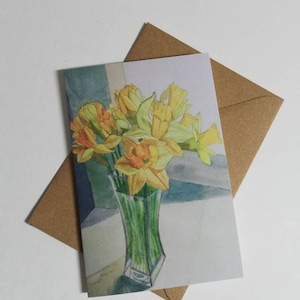 Biglietto d'auguri vuoto con narcisi acquerellati, biglietto d'auguri vuoto con narcisi, biglietto dipinto ad acquerello con narcisi, biglietto artistico con narcisi, narcisi.