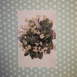 Postal de pintura de prímulas, pintura de acuarela de prímulas, obra de arte de prímulas amarillas, tarjeta de arte de prímulas, postal de prímulas, pintura de prímulas.