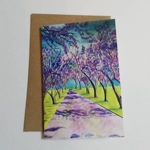 Cartão de jacarandá, cartão de pintura de jacarandá, cartão de felicitações em branco, cartão de jacarandá em branco, cartão de arte de jacarandá, cartão de pintura de árvores roxas, jacarandá