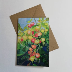 Rozenbottelskaart, rozenbottels schilderen blanco wenskaart, wenskaart, blanco rozenbottelskaart, rozenbottels schilderen, rozenbottels aquarel, kaarten