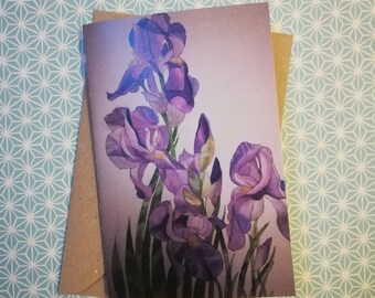 Irises watercolour painting card,irises blank greetings card,purple irises card,iris greeting card,irises greeting card,purple irises art.