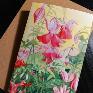 Biglietto d'auguri con fucsie, fucsie, biglietto con fucsie, biglietto con fiori rosa, biglietto dipinto con fucsie rosa, arte con fucsie rosa, biglietto d'auguri con fiori rosa.