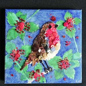Christmas art,button Robin redbreast,Robin mosaic,Christmas decoration,Robin watercolour,recycled button art,button bird art,Christmas gift.
