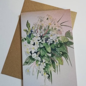 Biglietto d'auguri vuoto con pittura di primule, biglietto con pittura di primule gialle, acquerello di primule, biglietto di auguri di primule, primule.