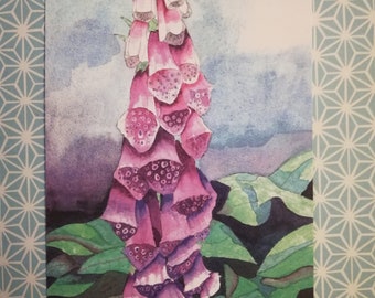 Foxgloves digitalis original watercolour painting postcard.