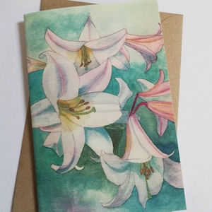 Cartão em branco com pintura em aquarela de lírios, cartão de felicitações em branco, cartão de felicitações de lírios em branco, cartão de lírios, cartão de lírios, cartão de pintura de lírios, arte de lírios