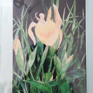Postal de iris amarillos, pintura de acuarela de iris amarillos, obra de arte de iris amarillos, pintura de iris amarillos, tarjeta de iris amarillos, iris amarillos.