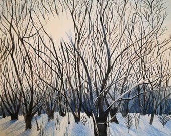 Watercolor winter trees painting, winter treescape, trees in the snow, winter wall art, winter landscape, winter wall decor, winter artwork.