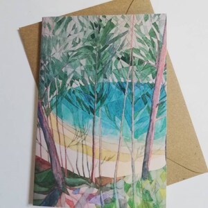 Cartão de felicitações em branco com pintura de lago, cartão aquarela de lago verde, cartão de pintura de paisagem de lago, cartão de pintura de arte de lago, pintura de lago azul, lago.