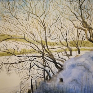 Snow painting, winter landscape, winter painting, winter scenery, winter artwork, winter watercolor, snow watercolour, snow treescape, tree