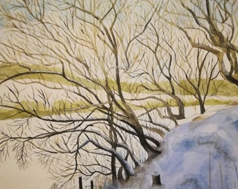 Snow painting, winter landscape, winter painting, winter scenery, winter artwork, winter watercolor, snow watercolour, snow treescape, tree