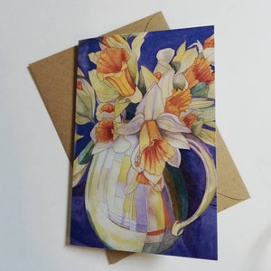 Pintura de acuarela, narcisos de primavera, tarjeta de felicitación, jarrón amarillo, narcisos, flores amarillas, pintura de primavera, tarjeta de cumpleaños de primavera, tarjeta de flores