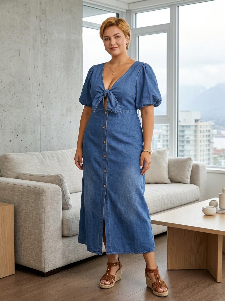 denim empire waist dresses Womens Dress Denim maxi dress Style:D1074435L Cost $27.50 Coastal Blue 9 Drawer vacation dresses