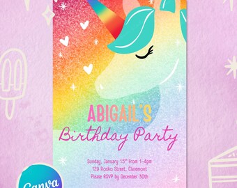 Rainbow Unicorn Birthday Invitation – Editable Canva Template (Digital Download)
