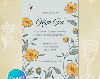 Bumblebee Flower High Tea Invitation – Editable Canva Template (Digital Download)