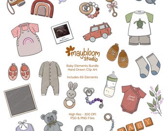 Cute Baby Item Clipart Bundle- Hand Drawn - Baby & Newborn Design Elements PNG - Baby Shower, Invites, Scrapbooking