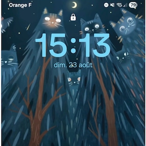 May include: A digital illustration on a smartphone screen showing a dark forest with tall, pointed, dark blue trees and several cat faces peering out from the foliage. A small white cat sits on a dark rock near a stream in the foreground.