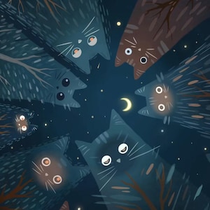 Könnte beinhalten: Eine digitale Illustration mit mehreren Katzen mit dunklem Fell, die in einem Kreis angeordnet sind und zur Mitte blicken. Die Szene zeigt kahle Baumzweige, kleine leuchtende Lichter und eine Mondsichel vor einem dunkelblauen Nachthimmel.