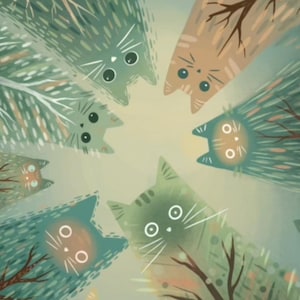 May include: A digital illustration featuring multiple cats in shades of green, brown, and tan, arranged in a circular pattern looking inward. The cats are stylized with textured fur and simple facial features, interspersed with bare tree branches.