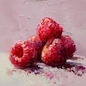 May include: An oil painting featuring a cluster of five vibrant red raspberries with thick, visible brushstrokes. The berries are rendered in shades of crimson and deep red, set against a soft, pale pink background with a textured, impasto finish.