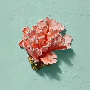 May include: An oil painting on canvas featuring a textured, three-dimensional coral-colored flower with thick impasto brushstrokes. The petals display shades of light pink and white, set against a solid, flat, light mint green background.