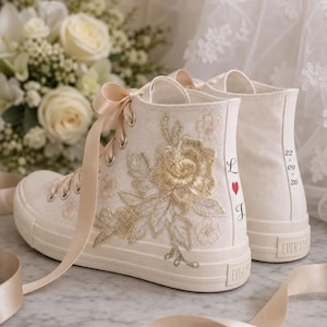 Ivory Floral Embroidered Wedding Sneakers, Champagne Satin Ribbon High Top Bridal Shoes for Bride, Handmade Garden Wedding