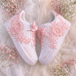 Pink Lace Wedding Sneakers, Satin Ribbon Bow Bridal Shoes for Bride, Personalized Mrs,Surname & Date Reception Keepsake