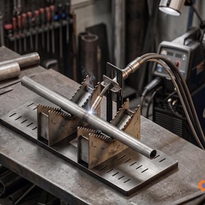 May include: A metal welding jig fixture with two V-shaped supports holding a cylindrical metal pipe in place. A welding torch is positioned over the pipe, emitting a bright spark and smoke. The fixture is mounted on a flat, slotted metal base.