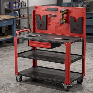 Puede incluir: Un carrito de herramientas rodante rojo y negro con tres niveles de estantes de almacenamiento, un cajón central y un panel perforado vertical. El panel incluye dos soportes para documentos negros, un estante pequeño y un taladro inalámbrico amarillo y negro.