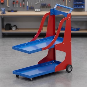 Può includere: Un carrello multiuso a due livelli con telaio in metallo blu brillante, due ripiani rettangolari e una struttura di supporto rossa. Il carrello è dotato di una maniglia superiore, due ruote posteriori e due ruote piroettanti anteriori.