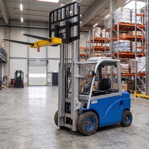 May include: A blue and silver industrial forklift featuring a black operator seat, a tall vertical mast with a black protective cage, and a yellow horizontal lifting attachment with a red hook, positioned on a concrete floor in a warehouse.