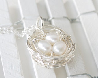 Silver Bird Nest Necklace with Pearl Eggs Mother Jewelry Sterling Silver Freshwater Pearl Accents