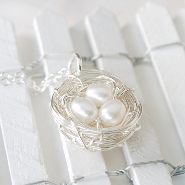 Silver Bird Nest Necklace with Pearl Eggs Mother Jewelry Sterling Silver Freshwater Pearl Accents